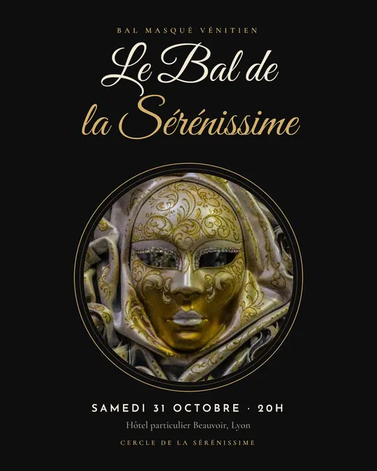 Flyer d'exemple, modèle « Médaillon · Noir et or », occasion Halloween : « Le Bal de la Sérénissime »