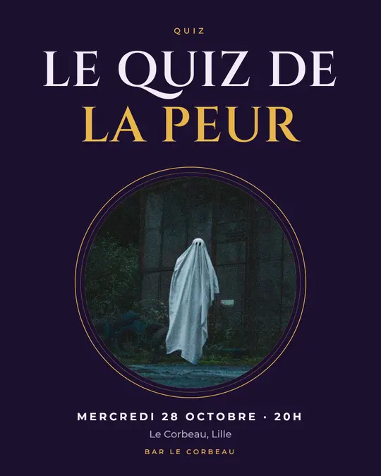 Flyer d'exemple, modèle « Médaillon · Violet nuit et or », occasion Halloween : « Le Quiz de la peur »