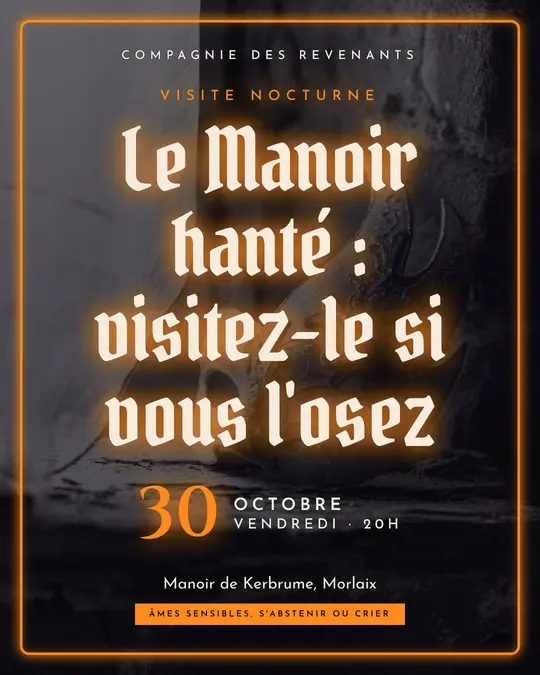 Flyer d'exemple, modèle « Néon · Nuit et citrouille », occasion Halloween : « Le Manoir hanté : visitez-le si vous l'osez »