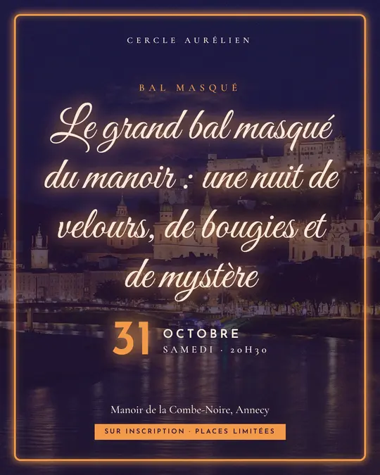 Flyer d'exemple, modèle « Néon · Pourpre et cuivre », occasion Halloween : « Le grand bal masqué du manoir : une nuit de velours, de bougies et de mystère »