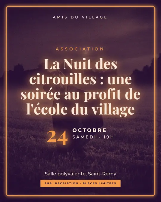 Flyer d'exemple, modèle « Néon · Pourpre et cuivre », occasion Halloween : « La Nuit des citrouilles : une soirée au profit de l'école du village »