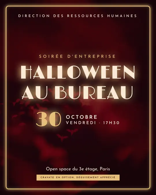 Flyer d'exemple, modèle « Néon · Rouge velours », occasion Halloween : « Halloween au bureau »