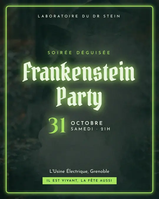 Flyer d'exemple, modèle « Néon · Vert laboratoire », occasion Halloween : « Frankenstein Party »