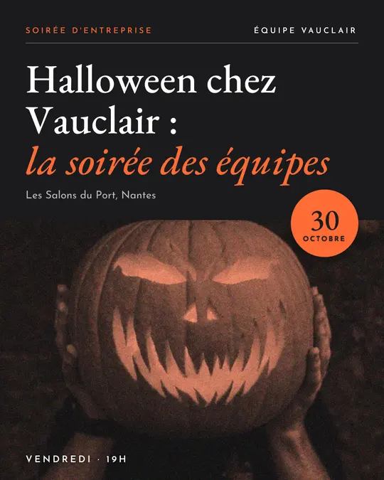 Flyer d'exemple, modèle « Pied photo · Anthracite orangé », occasion Halloween : « Halloween chez Vauclair : la soirée des équipes »