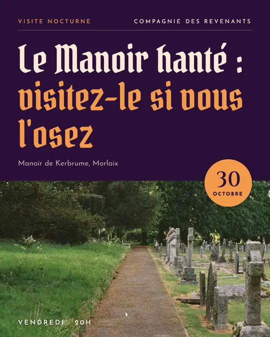 Flyer d'exemple, modèle « Pied photo · Pourpre et cuivre », occasion Halloween : « Le Manoir hanté : visitez-le si vous l'osez »