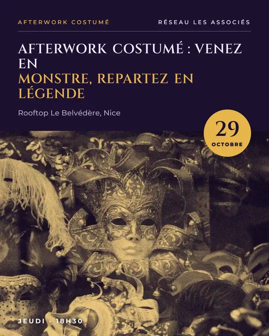 Flyer d'exemple, modèle « Pied photo · Violet nuit et or », occasion Halloween : « Afterwork costumé : venez en monstre, repartez en légende »