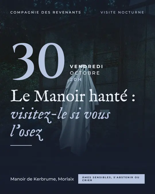 Flyer d'exemple, modèle « Grande affiche · Brume de lune », occasion Halloween : « Le Manoir hanté : visitez-le si vous l'osez »