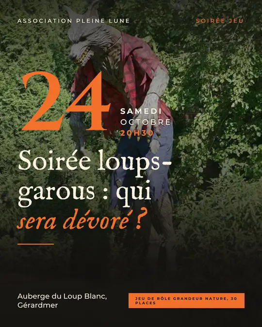 Flyer d'exemple, modèle « Grande affiche · Encre et orange », occasion Halloween : « Soirée loups-garous : qui sera dévoré ? »