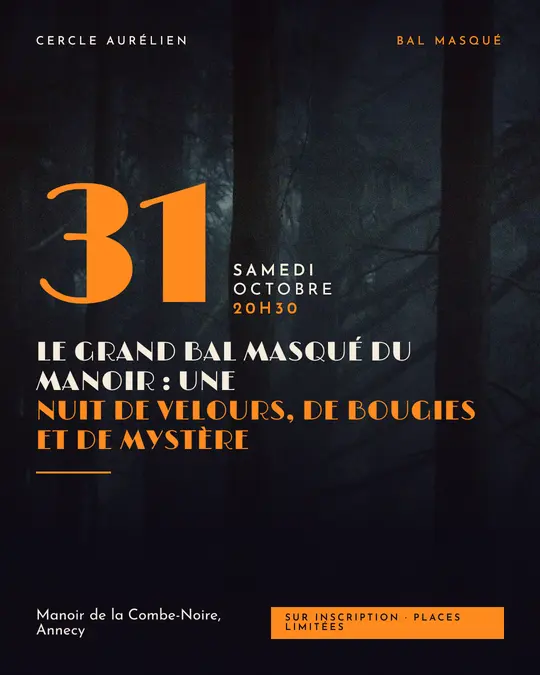Flyer d'exemple, modèle « Grande affiche · Nuit et citrouille », occasion Halloween : « Le grand bal masqué du manoir : une nuit de velours, de bougies et de mystère »