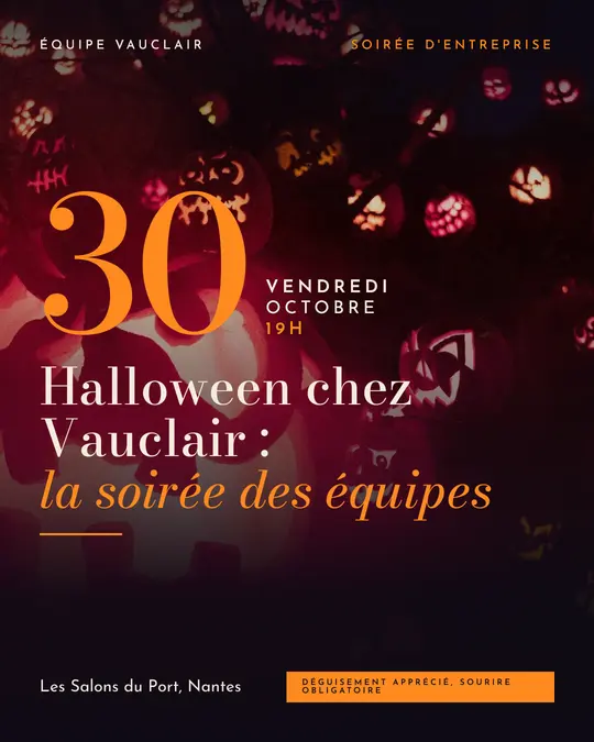 Flyer d'exemple, modèle « Grande affiche · Nuit et citrouille », occasion Halloween : « Halloween chez Vauclair : la soirée des équipes »