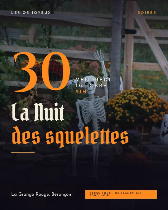 Flyer d'exemple, modèle « Grande affiche · Nuit et citrouille », occasion Halloween : « La Nuit des squelettes »