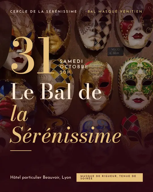 Flyer d'exemple, modèle « Grande affiche · Rouge velours », occasion Halloween : « Le Bal de la Sérénissime »