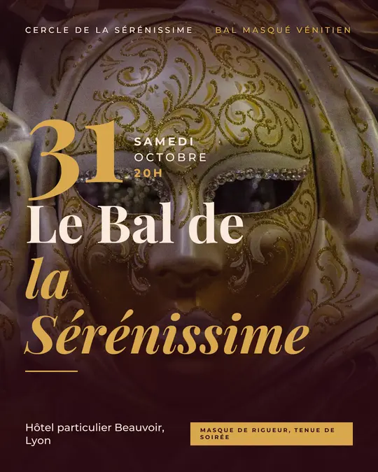 Flyer d'exemple, modèle « Grande affiche · Bordeaux sombre et or », occasion Halloween : « Le Bal de la Sérénissime »