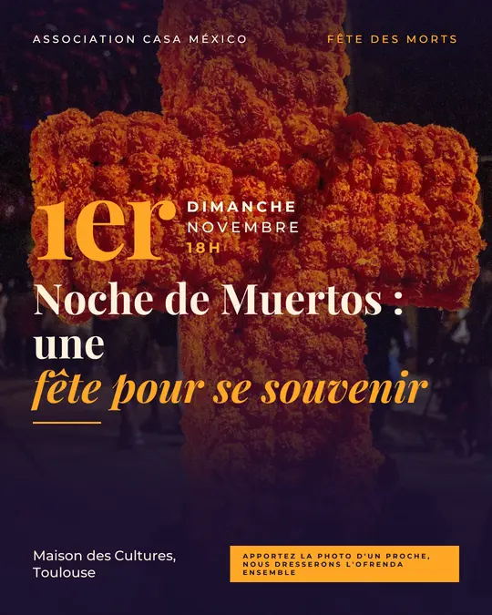 Flyer d'exemple, modèle « Grande affiche · Souci et nuit », occasion Halloween : « Noche de Muertos : une fête pour se souvenir »