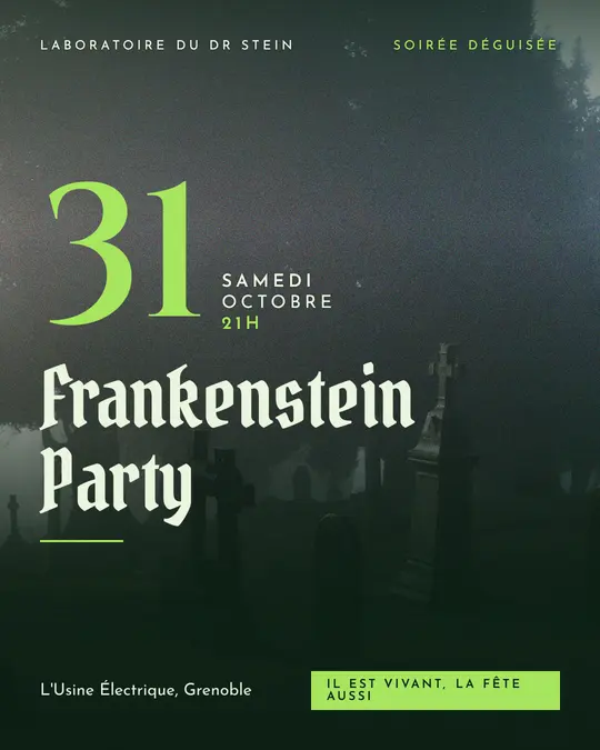 Flyer d'exemple, modèle « Grande affiche · Vert laboratoire », occasion Halloween : « Frankenstein Party »