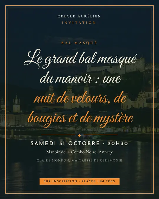 Flyer d'exemple, modèle « Carton encadré · Forêt et citrouille », occasion Halloween : « Le grand bal masqué du manoir : une nuit de velours, de bougies et de mystère »