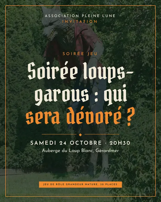 Flyer d'exemple, modèle « Carton encadré · Forêt et citrouille », occasion Halloween : « Soirée loups-garous : qui sera dévoré ? »