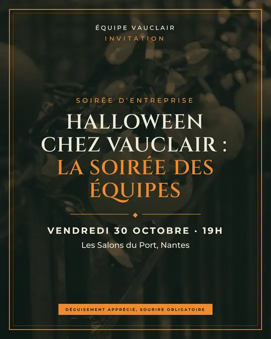 Flyer d'exemple, modèle « Carton encadré · Forêt et citrouille », occasion Halloween : « Halloween chez Vauclair : la soirée des équipes »