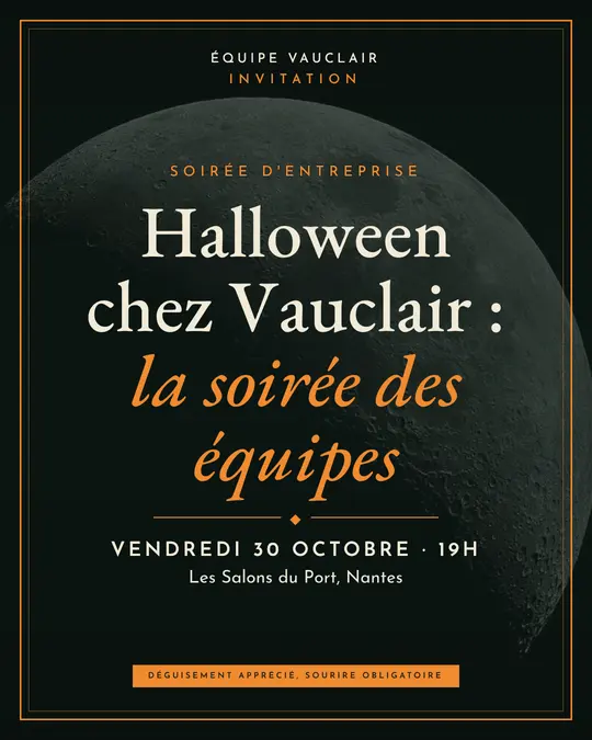 Flyer d'exemple, modèle « Carton encadré · Forêt et citrouille », occasion Halloween : « Halloween chez Vauclair : la soirée des équipes »