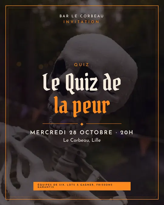 Flyer d'exemple, modèle « Carton encadré · Nuit et citrouille », occasion Halloween : « Le Quiz de la peur »