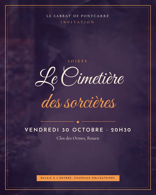 Flyer d'exemple, modèle « Carton encadré · Pourpre et cuivre », occasion Halloween : « Le Cimetière des sorcières »