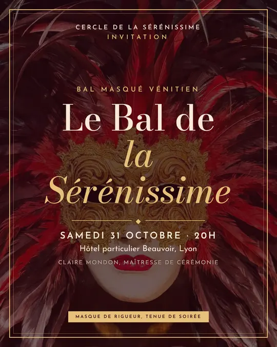 Flyer d'exemple, modèle « Carton encadré · Rouge velours », occasion Halloween : « Le Bal de la Sérénissime »