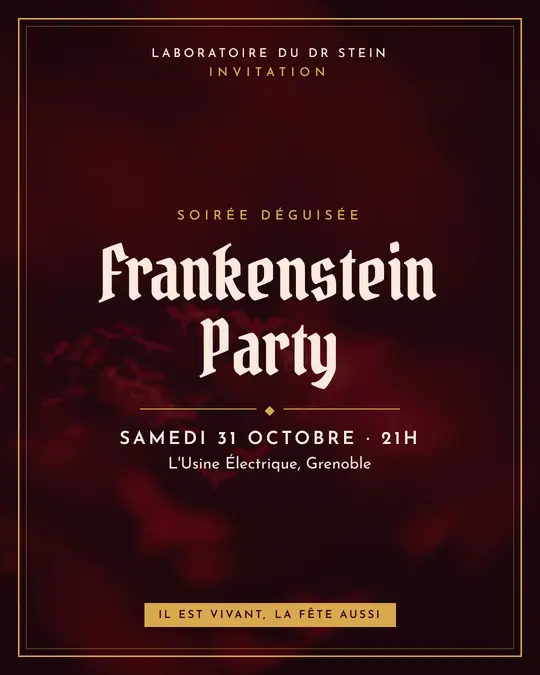 Flyer d'exemple, modèle « Carton encadré · Bordeaux sombre et or », occasion Halloween : « Frankenstein Party »