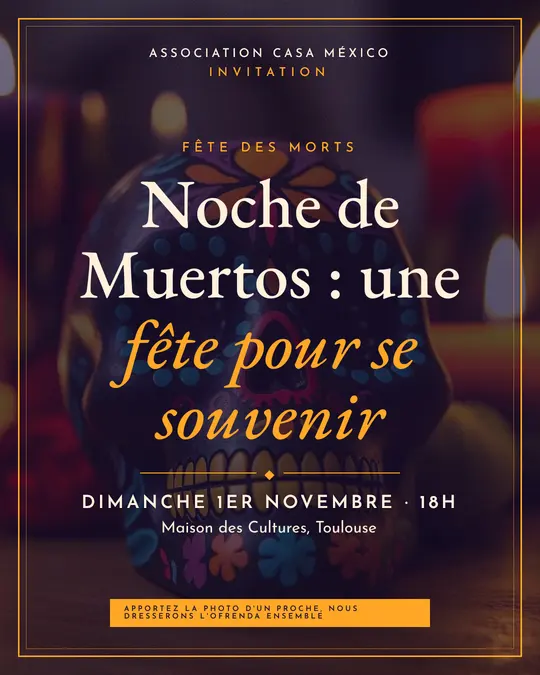 Flyer d'exemple, modèle « Carton encadré · Souci et nuit », occasion Halloween : « Noche de Muertos : une fête pour se souvenir »
