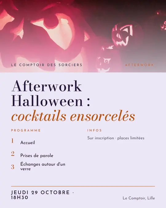 Flyer d'exemple, modèle « Programme · Brume de lavande », occasion Halloween : « Afterwork Halloween : cocktails ensorcelés »