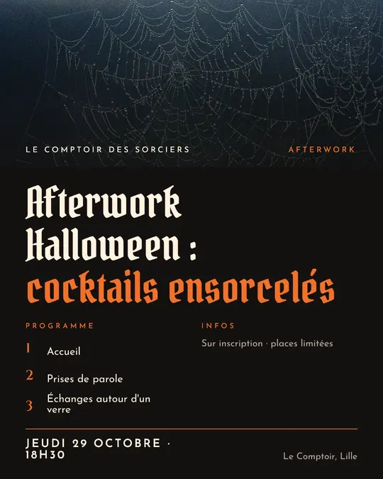 Flyer d'exemple, modèle « Programme · Encre et orange », occasion Halloween : « Afterwork Halloween : cocktails ensorcelés »