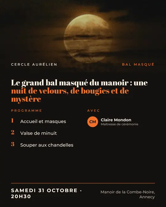 Flyer d'exemple, modèle « Programme · Encre et orange », occasion Halloween : « Le grand bal masqué du manoir : une nuit de velours, de bougies et de mystère »