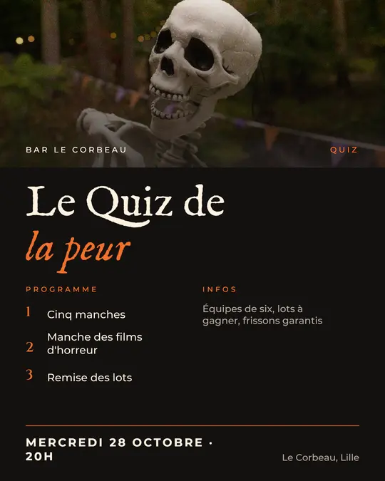 Flyer d'exemple, modèle « Programme · Encre et orange », occasion Halloween : « Le Quiz de la peur »