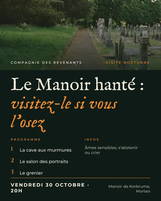 Flyer d'exemple, modèle « Programme · Forêt et citrouille », occasion Halloween : « Le Manoir hanté : visitez-le si vous l'osez »