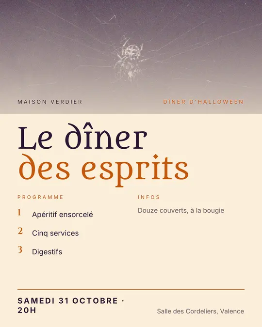 Flyer d'exemple, modèle « Programme · Papier et citrouille », occasion Halloween : « Le dîner des esprits »