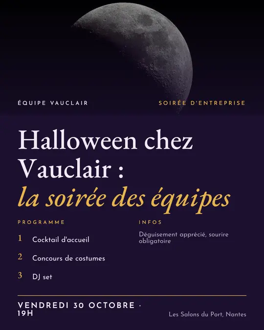 Flyer d'exemple, modèle « Programme · Violet nuit et or », occasion Halloween : « Halloween chez Vauclair : la soirée des équipes »