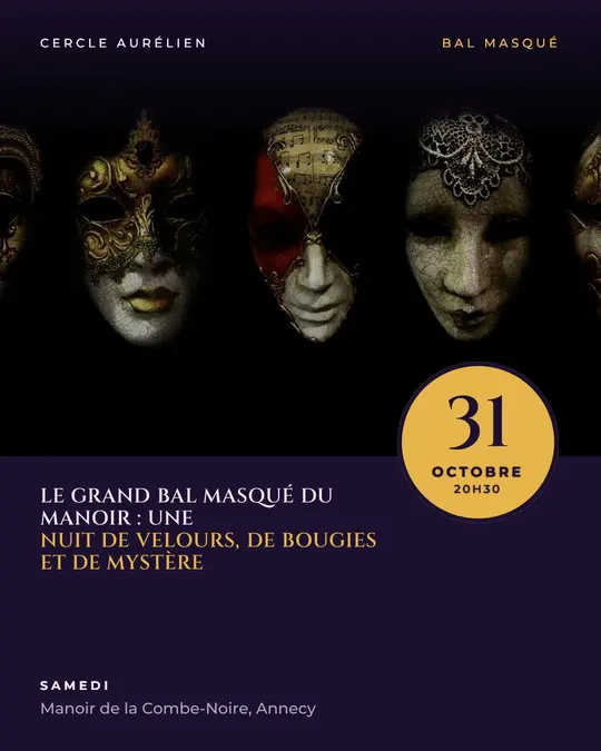Flyer d'exemple, modèle « Sceau · Violet nuit et or », occasion Halloween : « Le grand bal masqué du manoir : une nuit de velours, de bougies et de mystère »