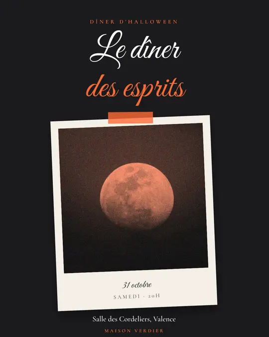 Flyer d'exemple, modèle « Tirage · Anthracite orangé », occasion Halloween : « Le dîner des esprits »
