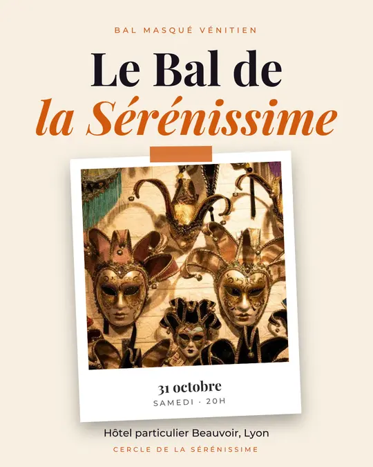 Flyer d'exemple, modèle « Tirage · Crème, noir et orange », occasion Halloween : « Le Bal de la Sérénissime »