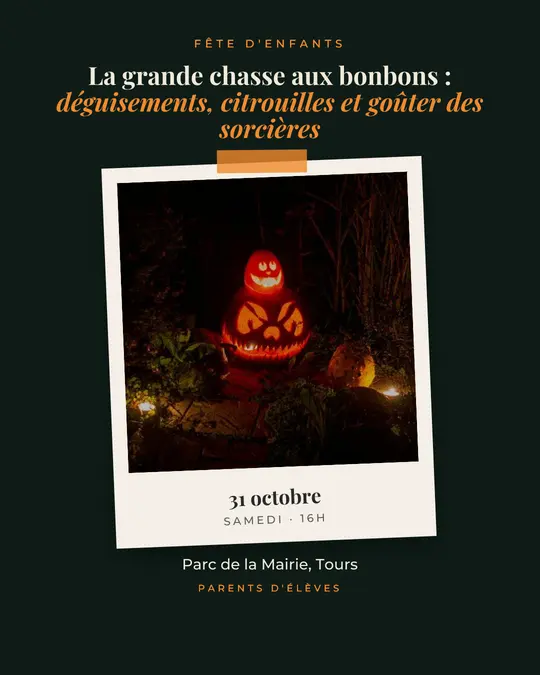 Flyer d'exemple, modèle « Tirage · Forêt et citrouille », occasion Halloween : « La grande chasse aux bonbons : déguisements, citrouilles et goûter des sorcières »