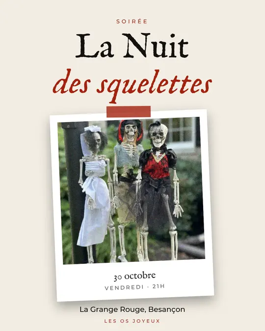 Flyer d'exemple, modèle « Tirage · Os et noir », occasion Halloween : « La Nuit des squelettes »