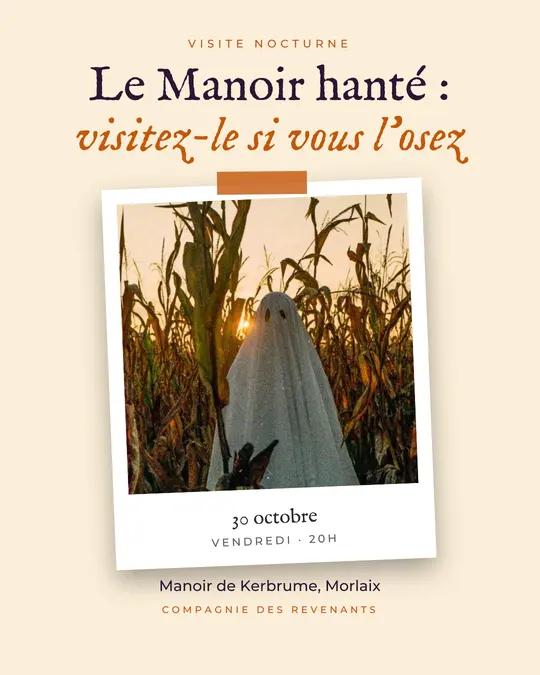 Flyer d'exemple, modèle « Tirage · Papier et citrouille », occasion Halloween : « Le Manoir hanté : visitez-le si vous l'osez »