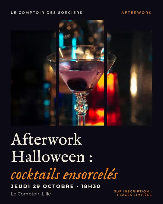 Flyer d'exemple, modèle « Triptyque · Nuit et citrouille », occasion Halloween : « Afterwork Halloween : cocktails ensorcelés »