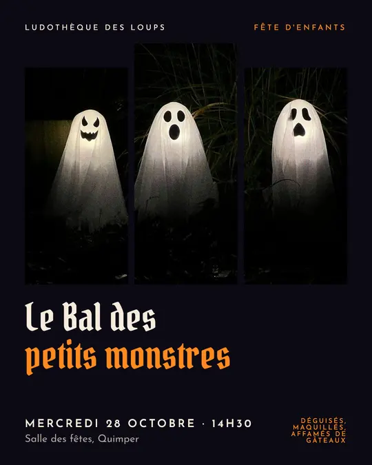 Flyer d'exemple, modèle « Triptyque · Nuit et citrouille », occasion Halloween : « Le Bal des petits monstres »