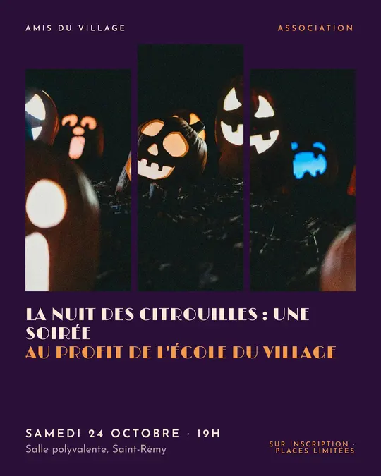 Flyer d'exemple, modèle « Triptyque · Pourpre et cuivre », occasion Halloween : « La Nuit des citrouilles : une soirée au profit de l'école du village »