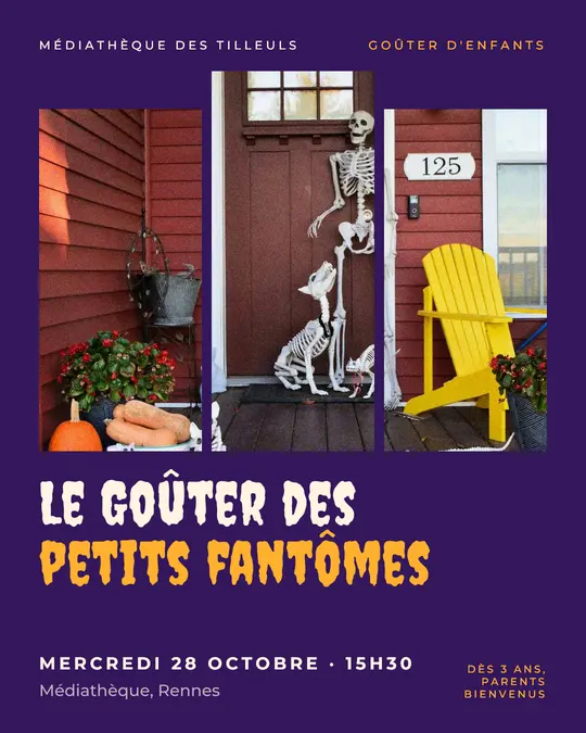 Flyer d'exemple, modèle « Triptyque · Violet bonbon », occasion Halloween : « Le Goûter des petits fantômes »
