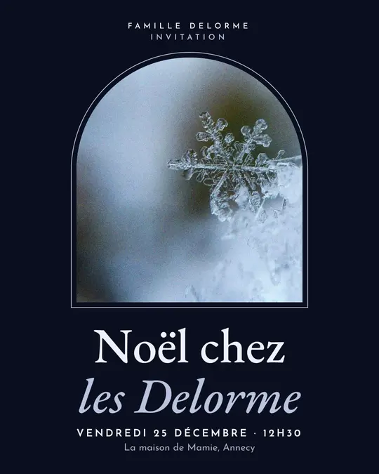Flyer d'exemple, modèle « Arche · Minuit argenté », occasion Noël : « Noël chez les Delorme »