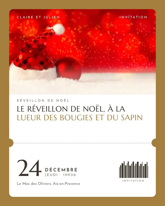 Flyer d'exemple, modèle « Billet · Ivoire doré », occasion Noël : « Le réveillon de Noël, à la lueur des bougies et du sapin »