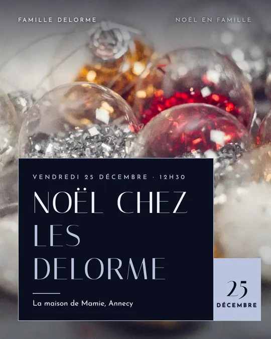 Flyer d'exemple, modèle « Carte posée · Minuit argenté », occasion Noël : « Noël chez les Delorme »