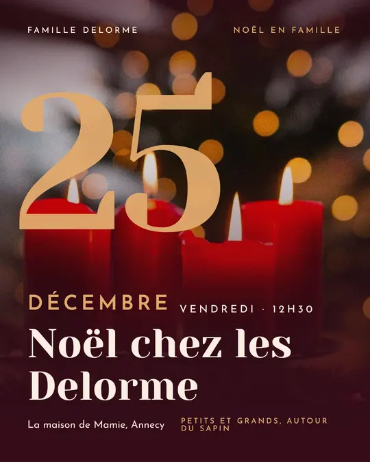 Flyer d'exemple, modèle « Date géante · Bordeaux et cuivre », occasion Noël : « Noël chez les Delorme »