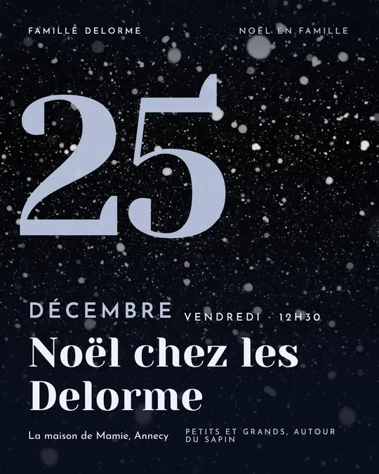 Flyer d'exemple, modèle « Date géante · Minuit argenté », occasion Noël : « Noël chez les Delorme »